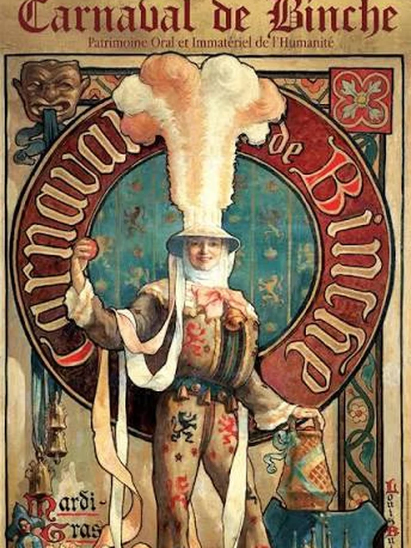 Affiche du carnaval de Binche représentant un Gille en costume, coiffé du chapeau de plumes d'autruche